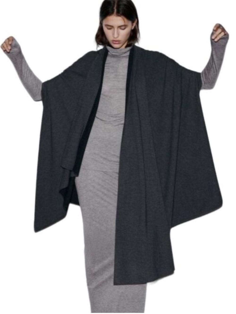 Zara Woman Wool Blend Cape Coat Shawl Sweater Gray Black Minimalist Medium